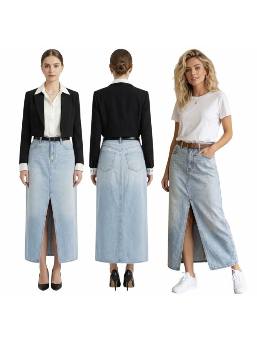 Old Navy Womens Light Wash Denim Maxi Skirt With Front Slit Sz 8 Drapey Fit New